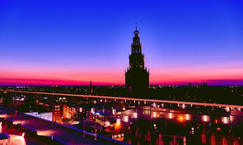 black concrete building during night time
