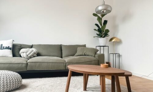 gray 2 seat sofa near brown wooden coffee table