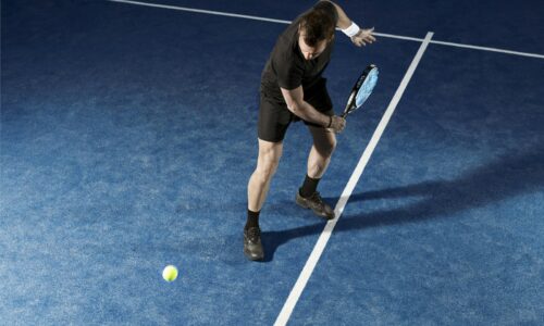 a man holding a tennis racquet on a tennis court