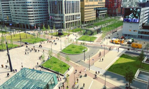 aerial photography of people walking on park near city buildings