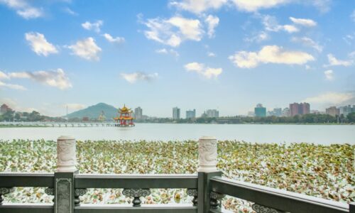 a view of a lake with a boat in the distance