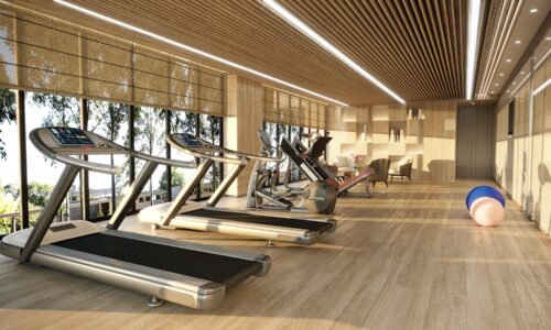 Modern gym with treadmills and large windows
