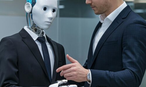 A man shakes hands with a robot.