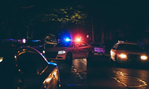 A couple of police cars parked in a parking lot